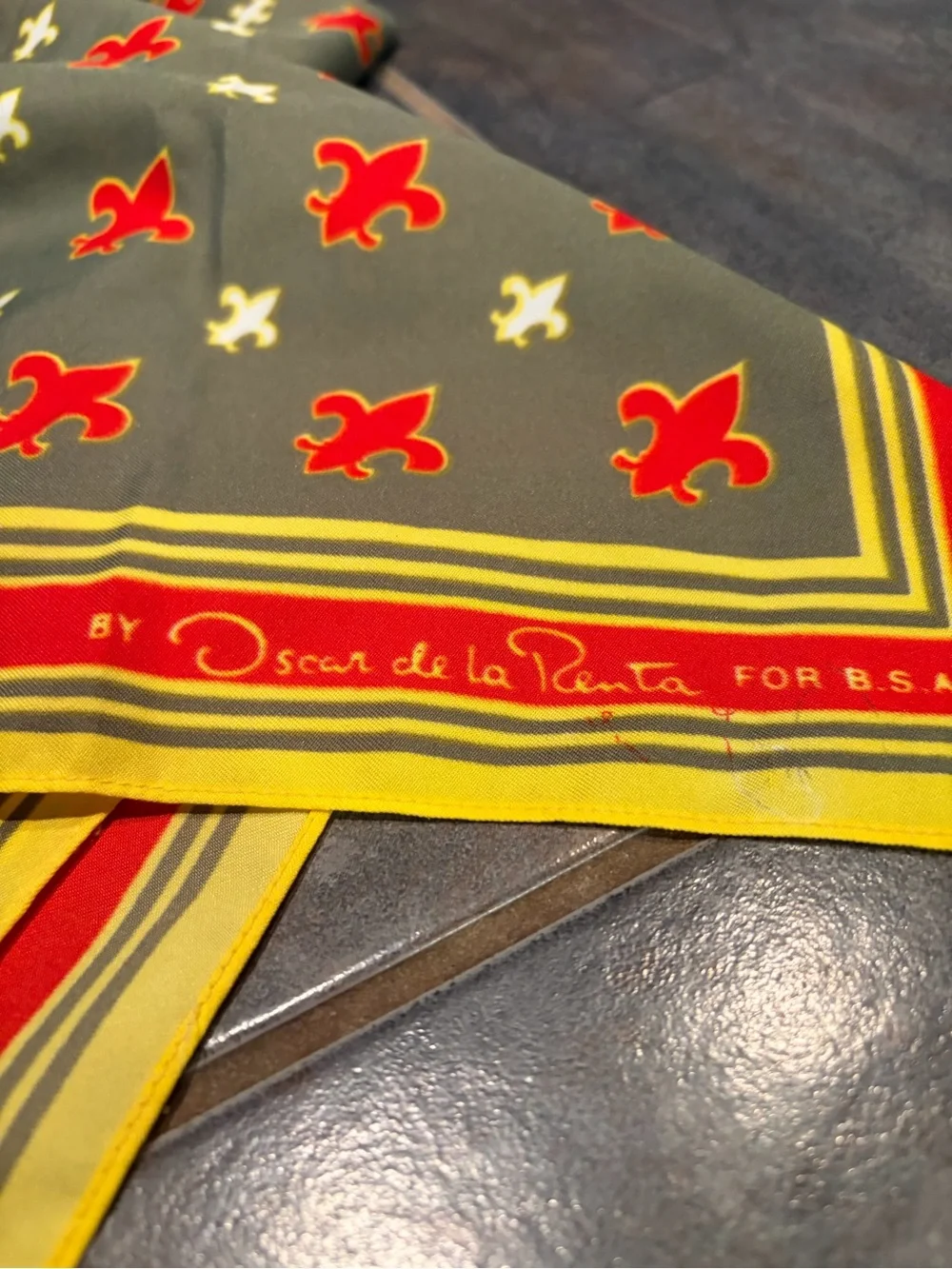 Oscar de la Renta Olive, Red & Yellow Border Square Scarf